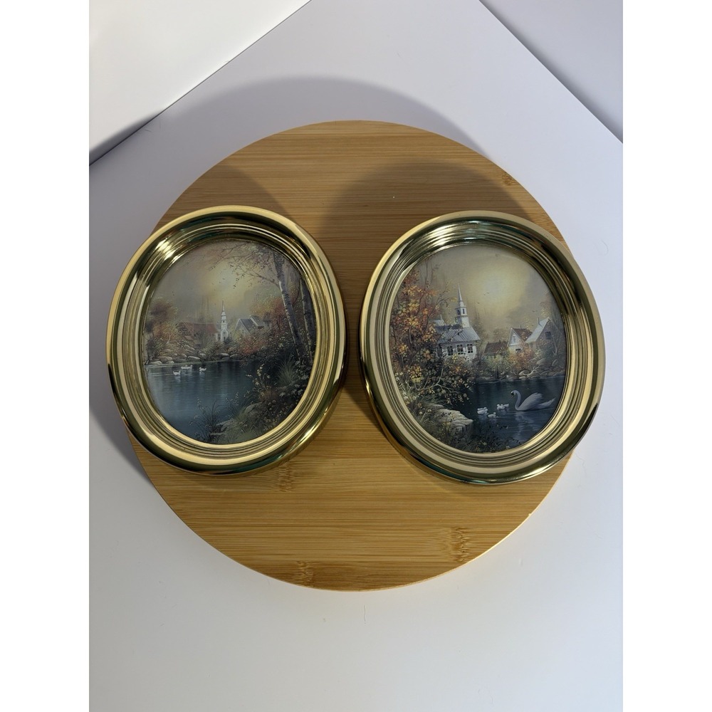 VTG 1986 Set of 2 Homco Gold Plastic Oval Picture Frames Swan Church Made In USA